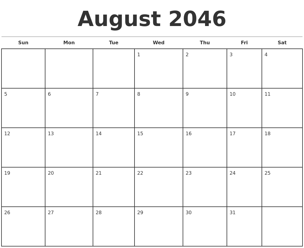 August 2046 Monthly Calendar Template