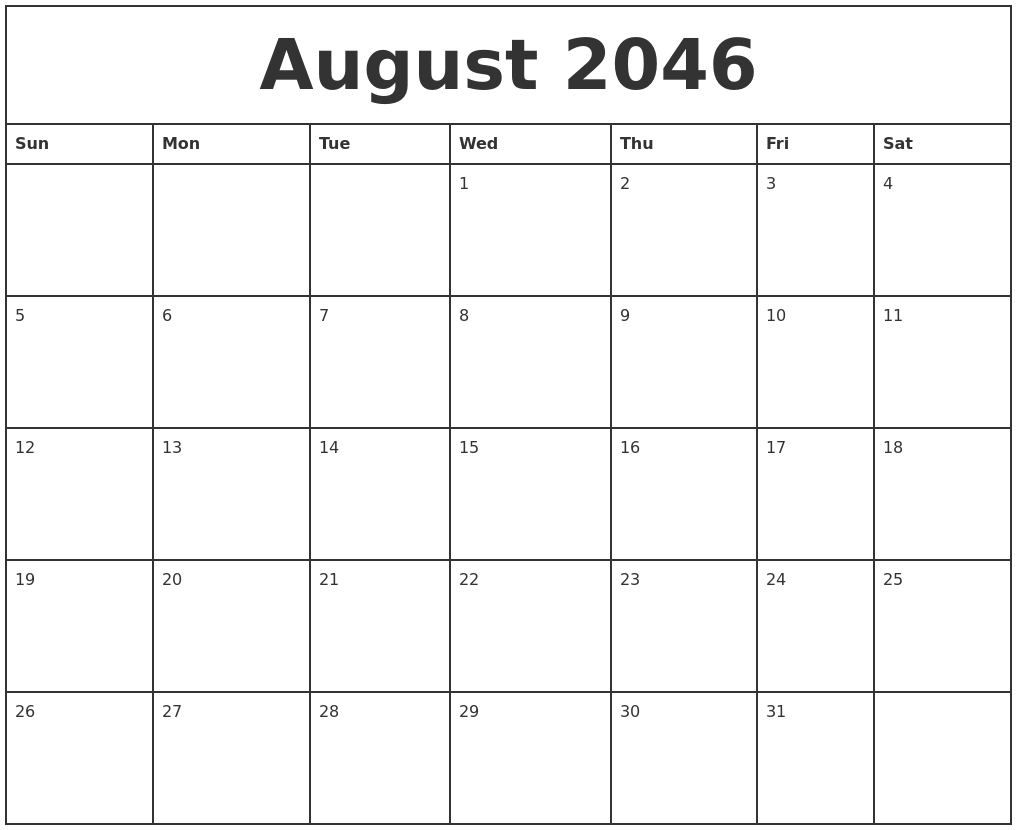 August 2046 Printable Monthly Calendar