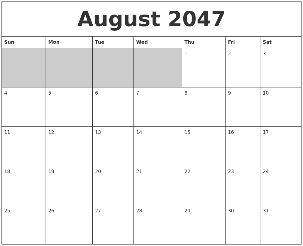 August 2047 Blank Printable Calendar