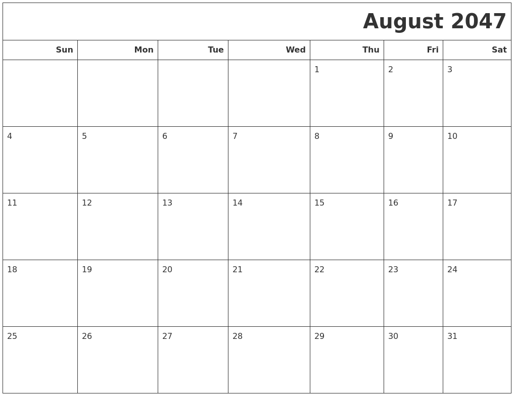 August 2047 Calendars To Print