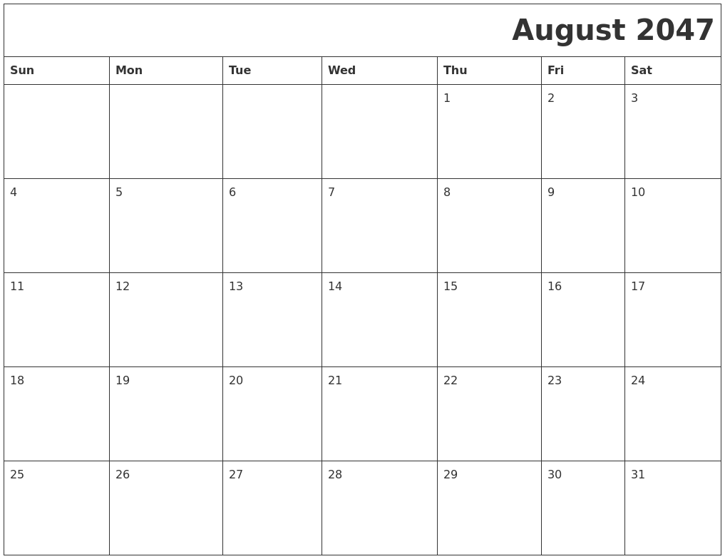 August 2047 Download Calendar