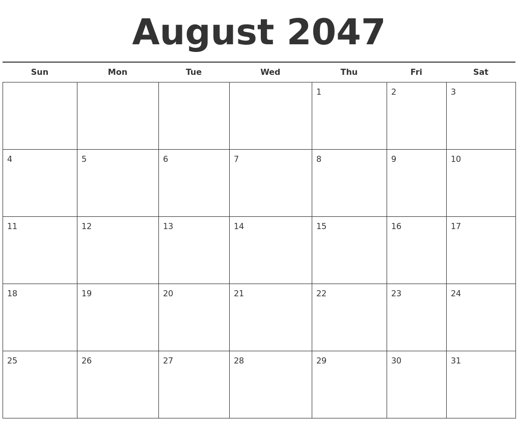 August 2047 Free Calendar Template