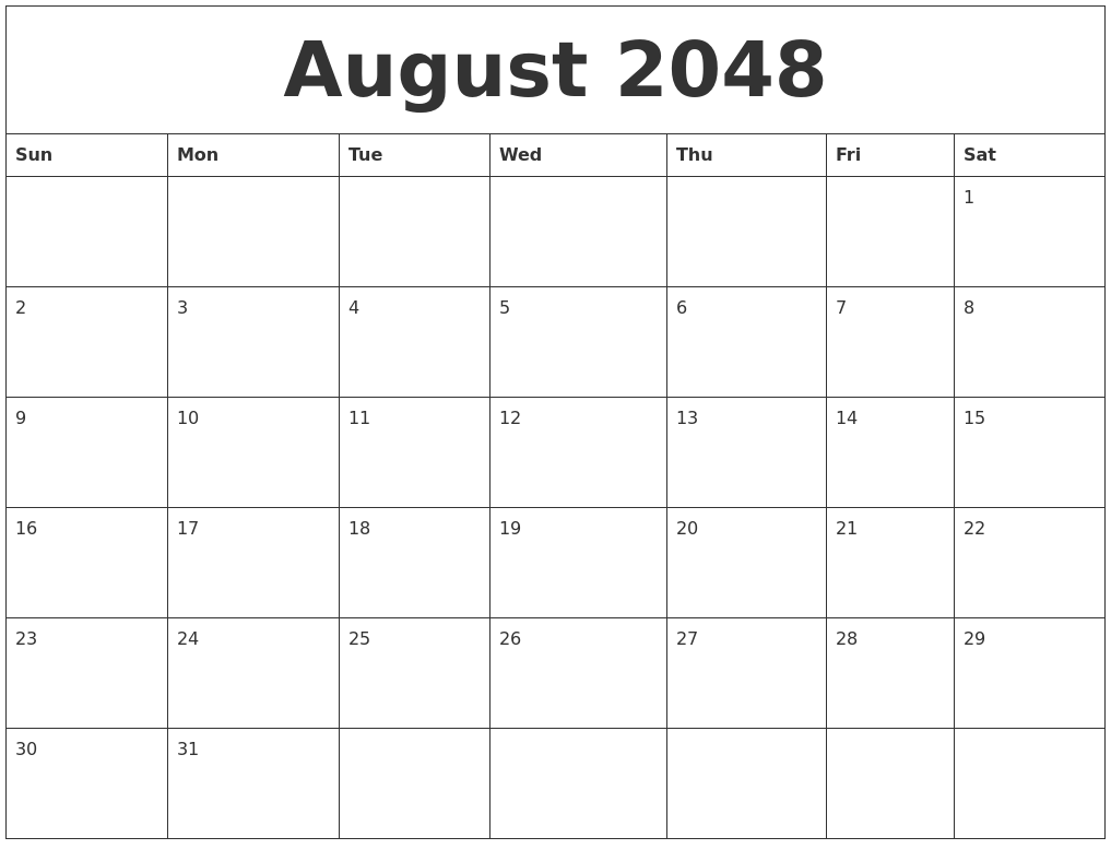 August 2048 Monthly Calendar To Print