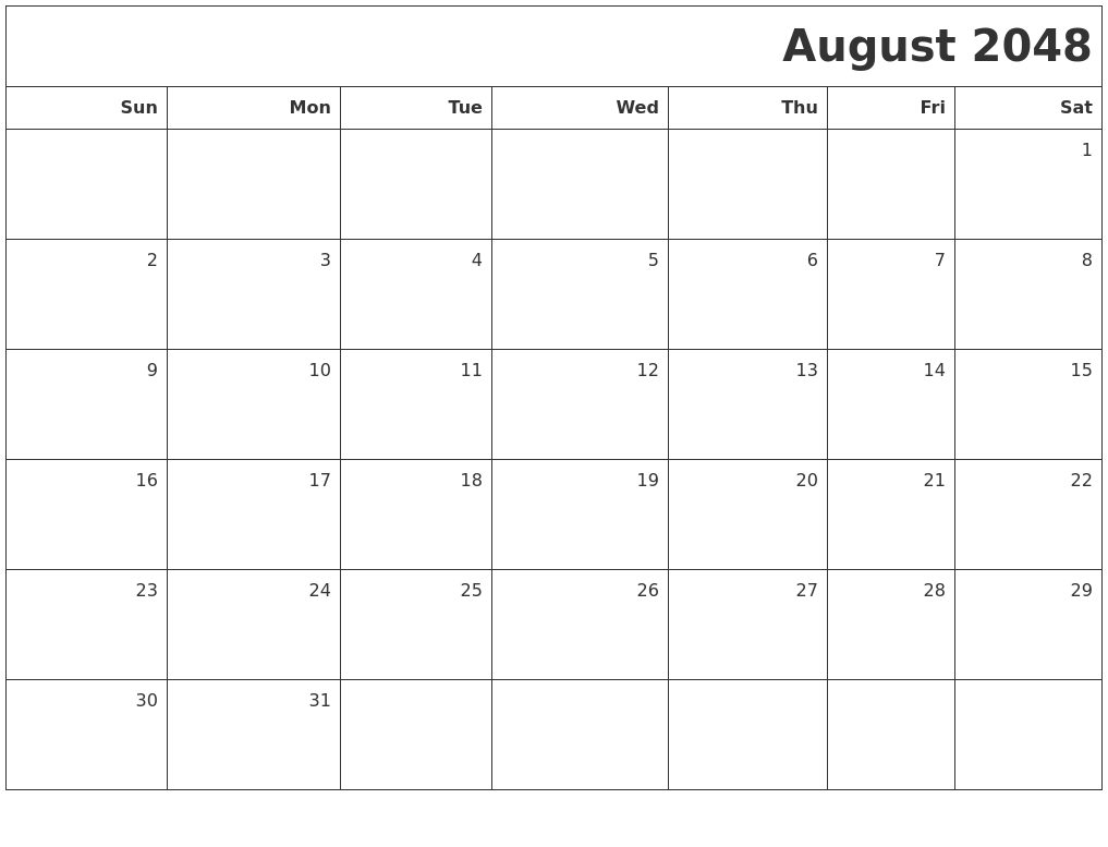 August 2048 Printable Blank Calendar