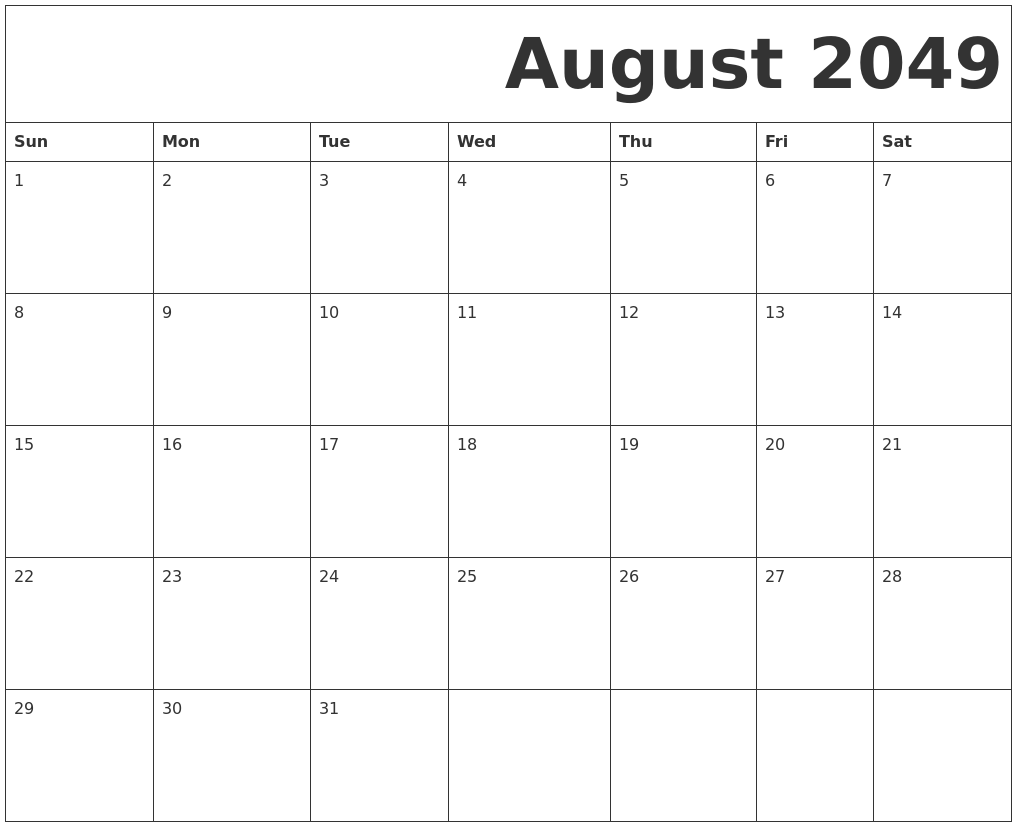 August 2049 Free Printable Calendar