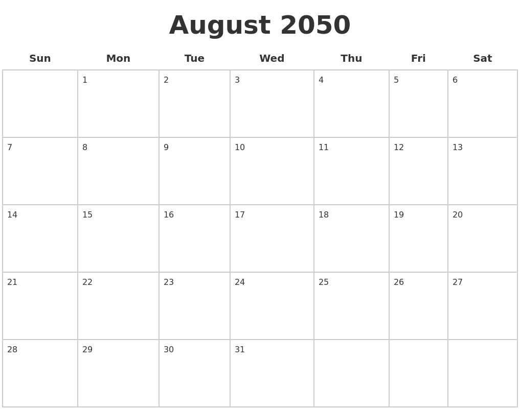 August 2050 Blank Calendar Pages