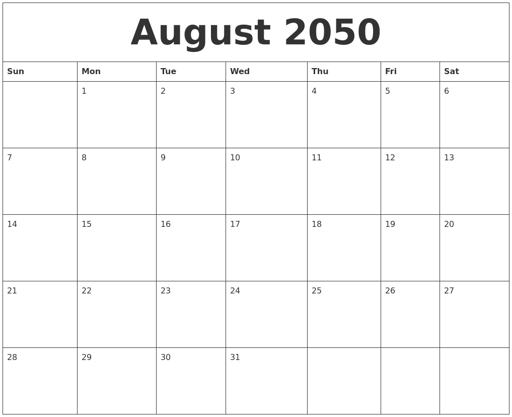 August 2050 Blank Calendar Printable