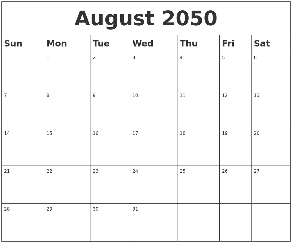 August 2050 Blank Calendar