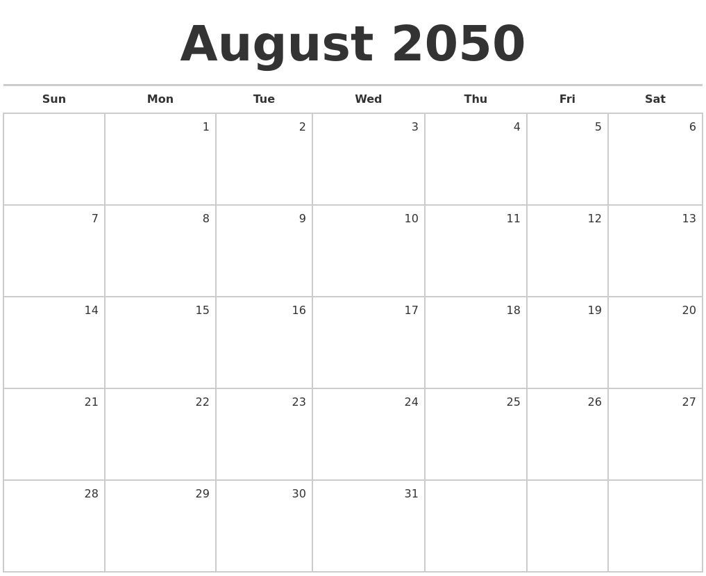 August 2050 Blank Monthly Calendar