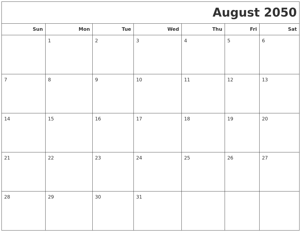 August 2050 Calendars To Print