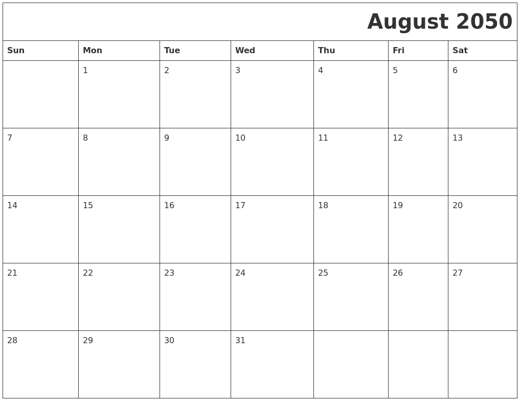 August 2050 Download Calendar