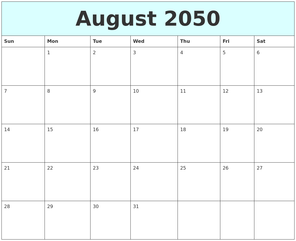 August 2050 Free Calendar