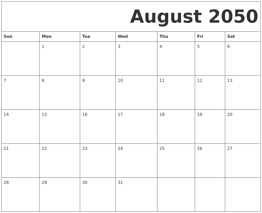 August 2050 Free Printable Calendar
