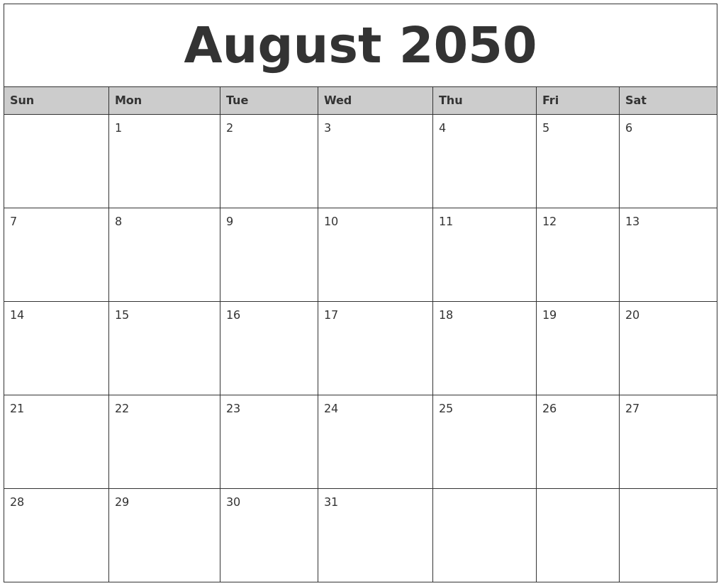 August 2050 Monthly Calendar Printable