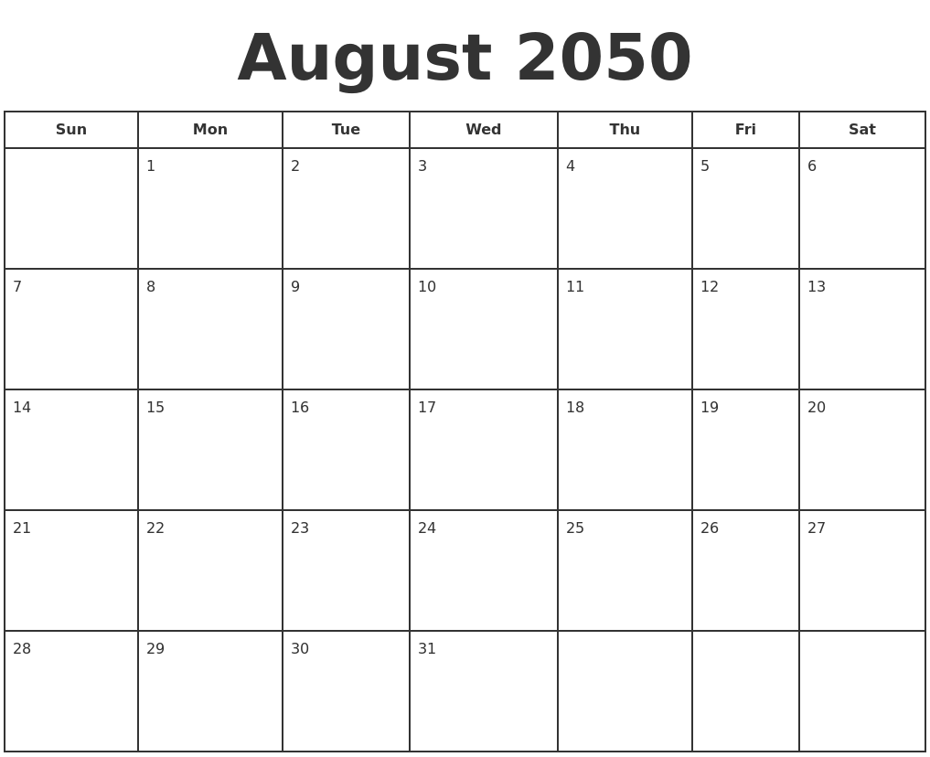 August 2050 Print A Calendar