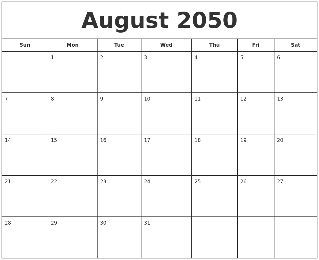 August 2050 Print Free Calendar