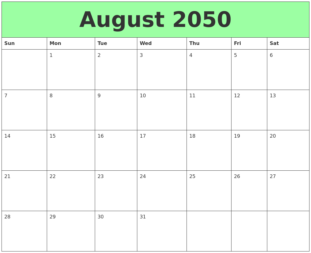 August 2050 Printable Calendars