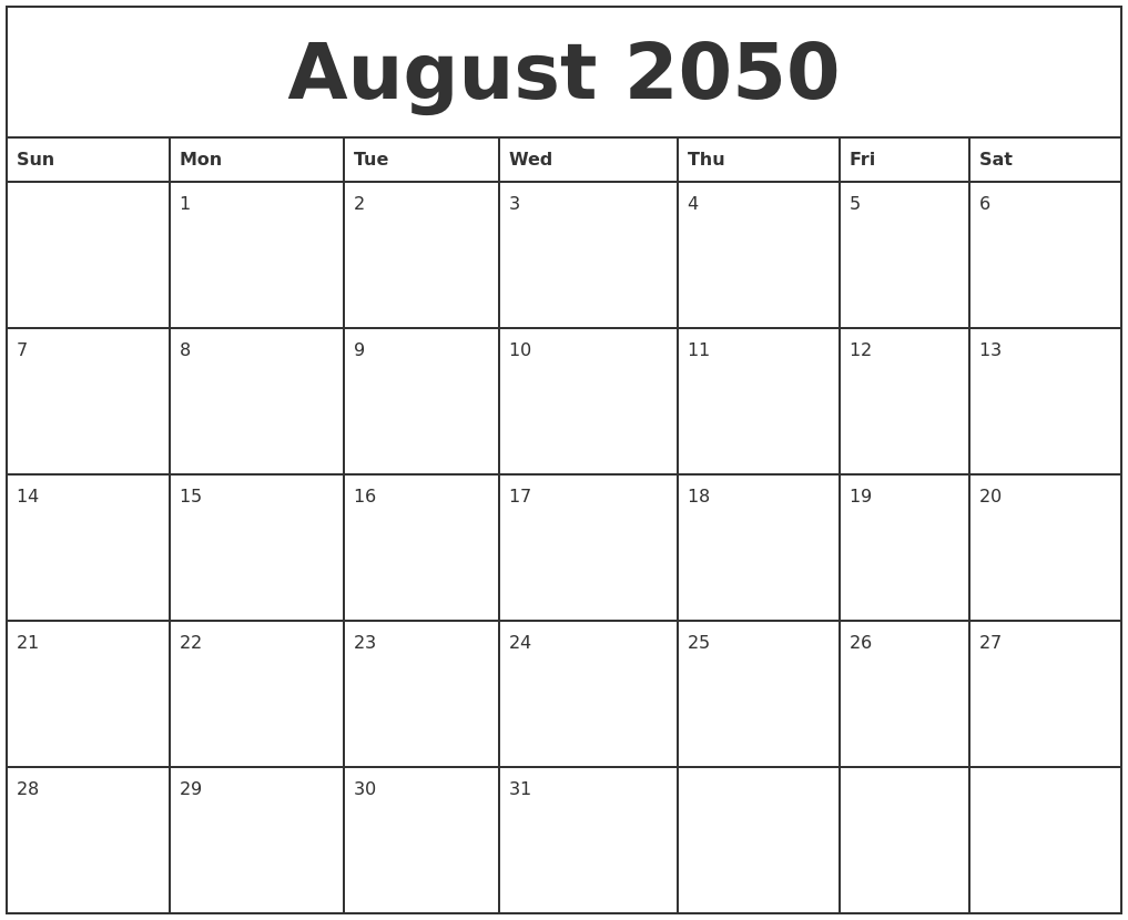 August 2050 Printable Monthly Calendar