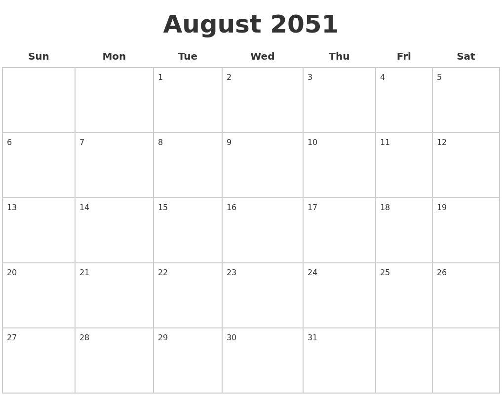 August 2051 Blank Calendar Pages