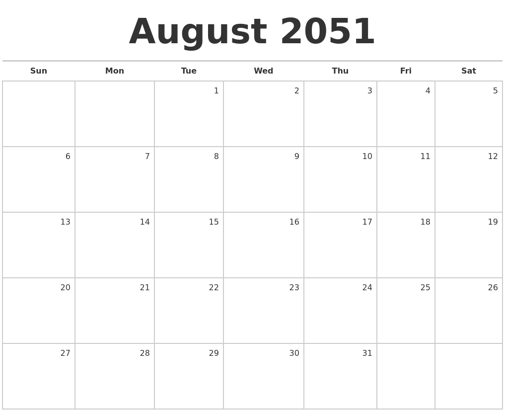 August 2051 Blank Monthly Calendar