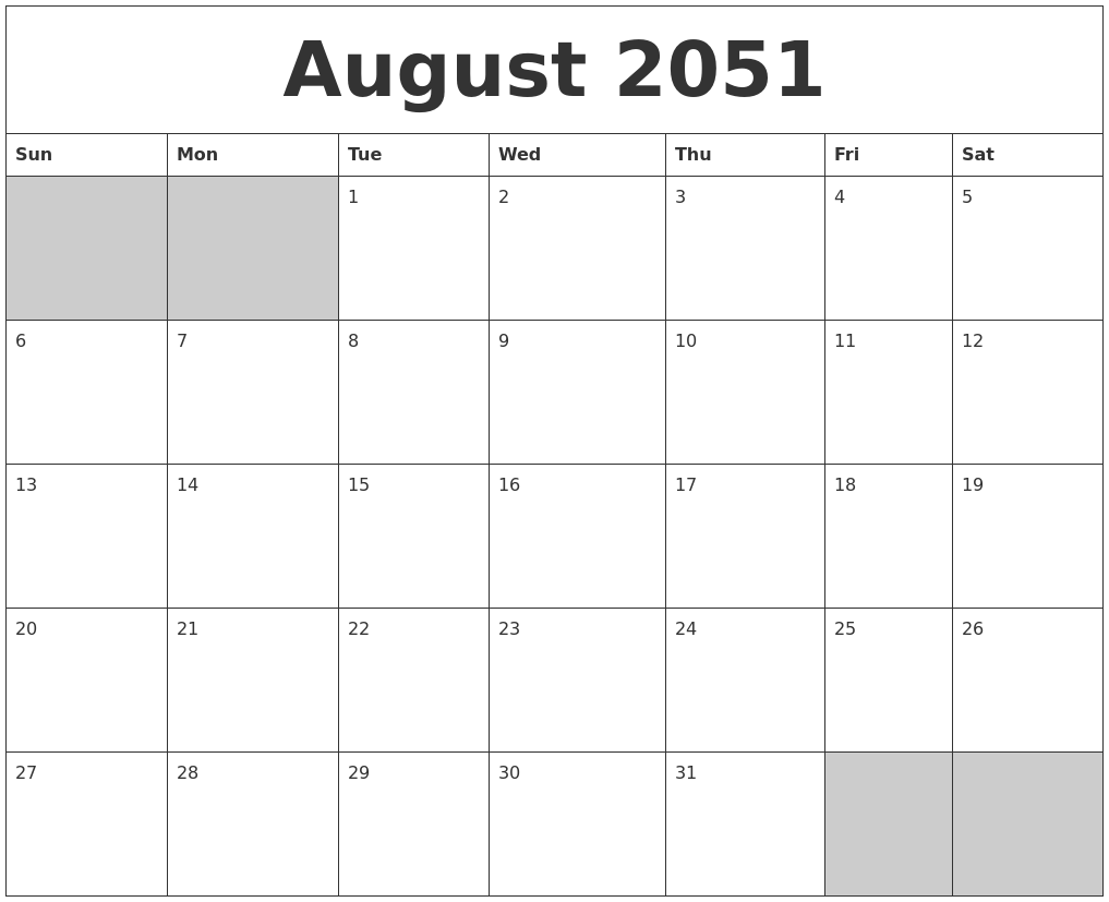 August 2051 Blank Printable Calendar