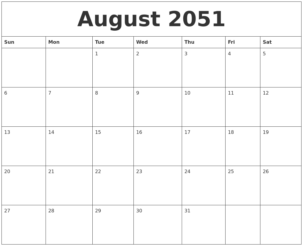 August 2051 Calendar For Printing