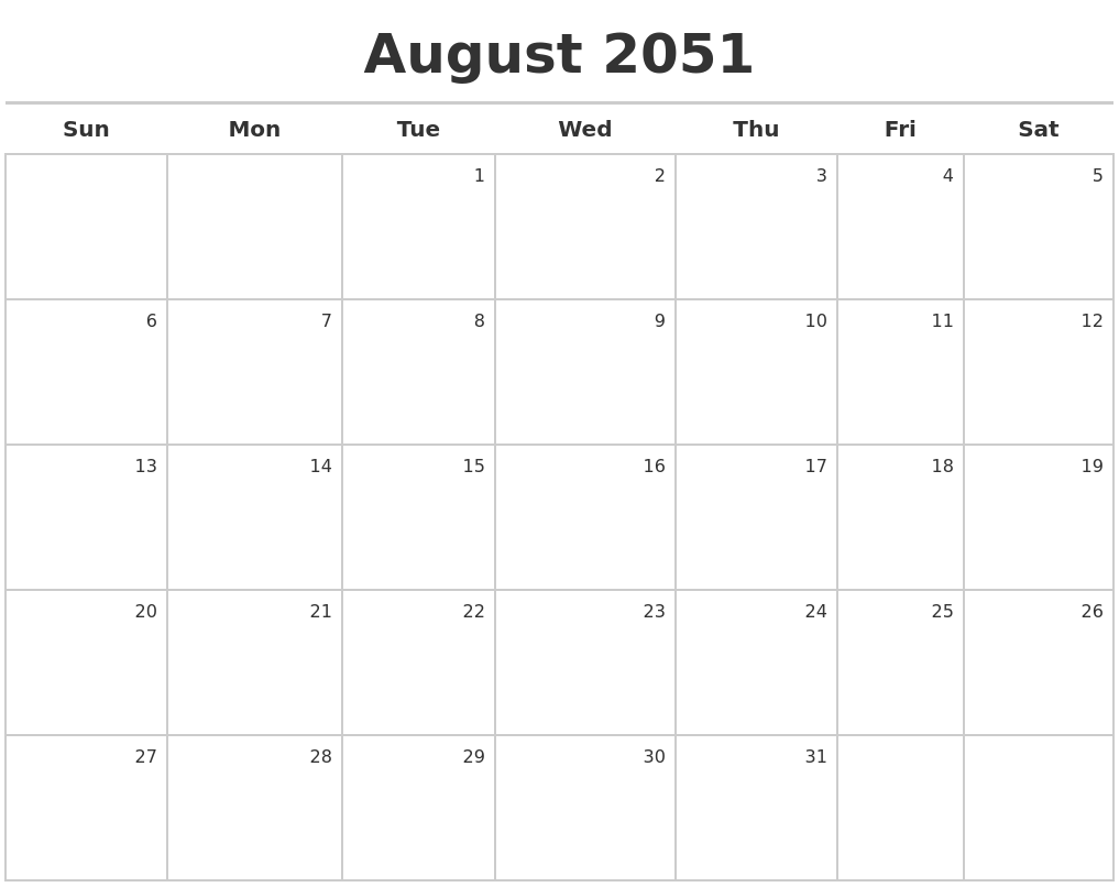 August 2051 Calendar Maker
