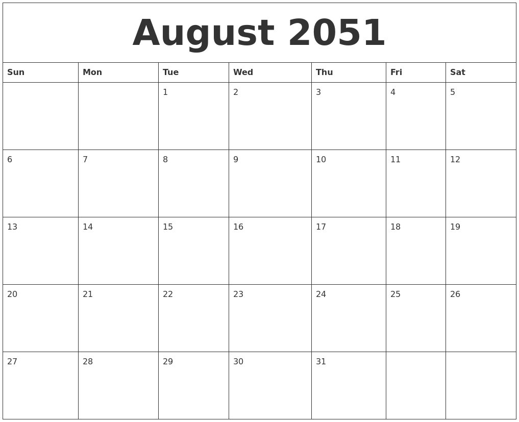 August 2051 Calendar Printable Free