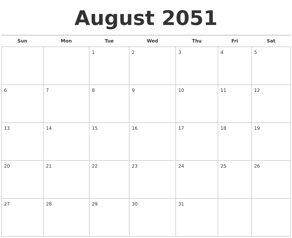 August 2051 Calendars Free