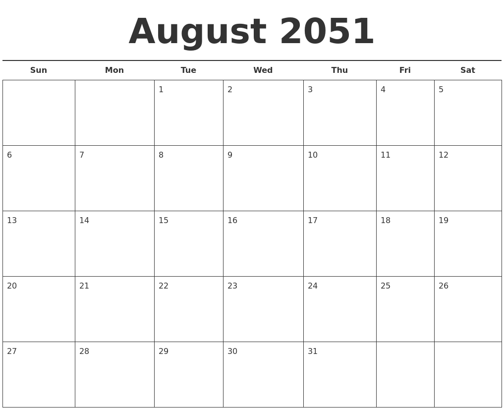 August 2051 Free Calendar Template