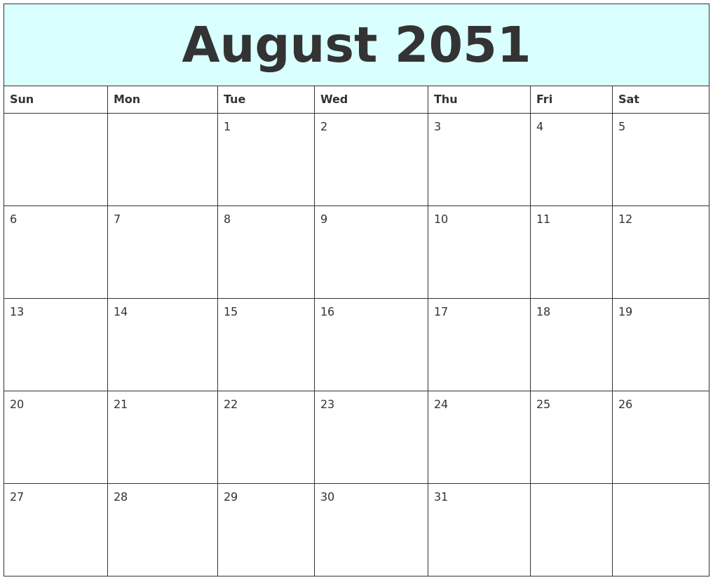 August 2051 Free Calendar