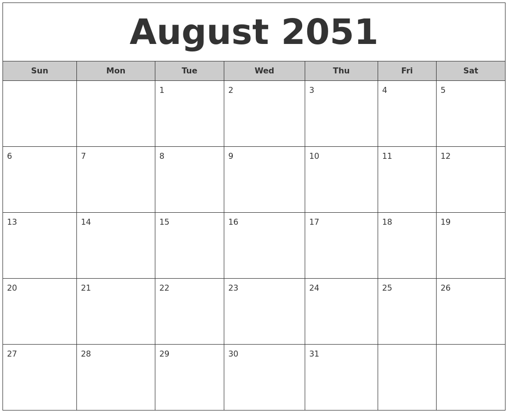 August 2051 Free Monthly Calendar