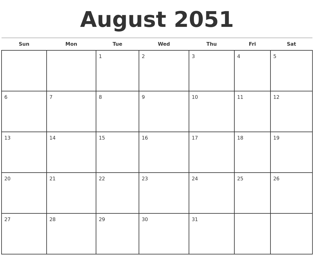 August 2051 Monthly Calendar Template