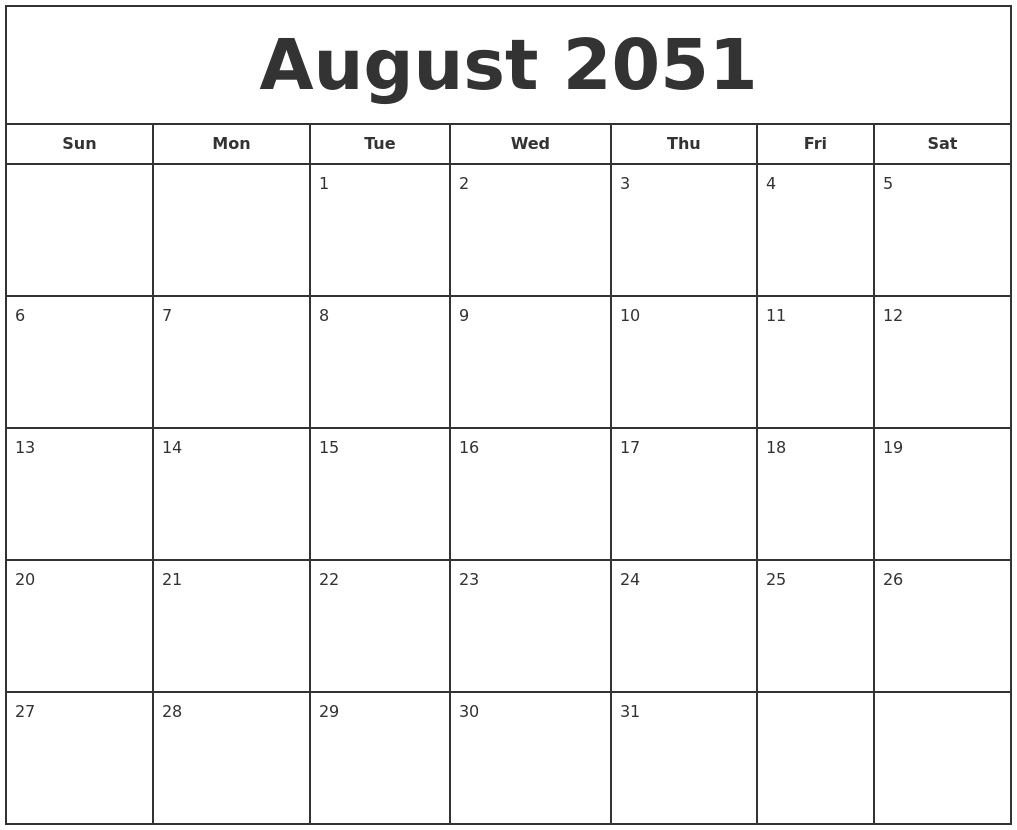 August 2051 Print Free Calendar