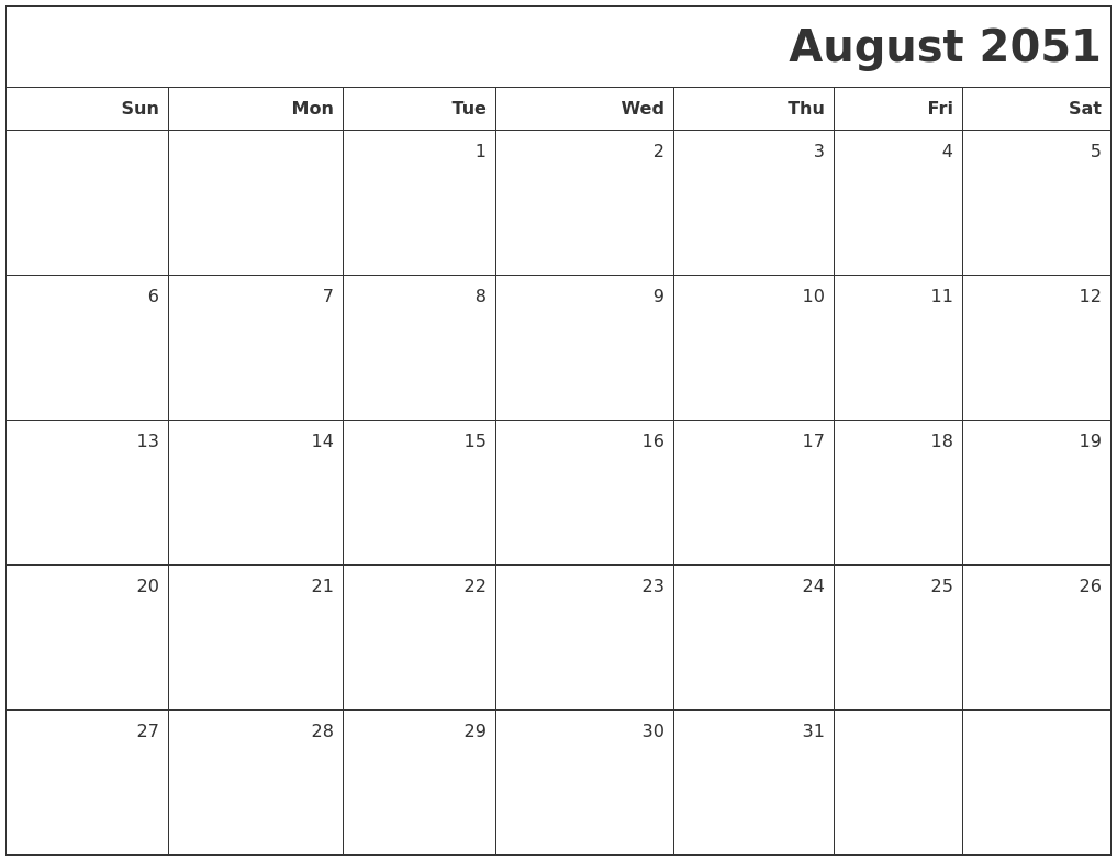 August 2051 Printable Blank Calendar