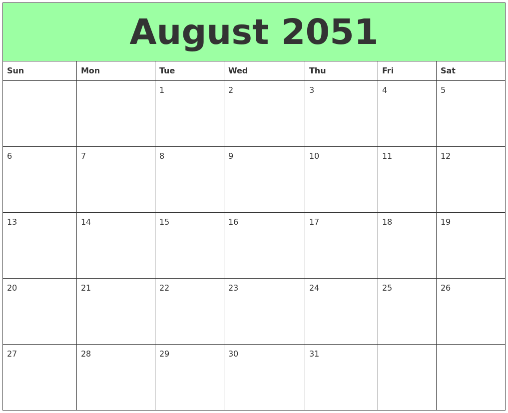 August 2051 Printable Calendars