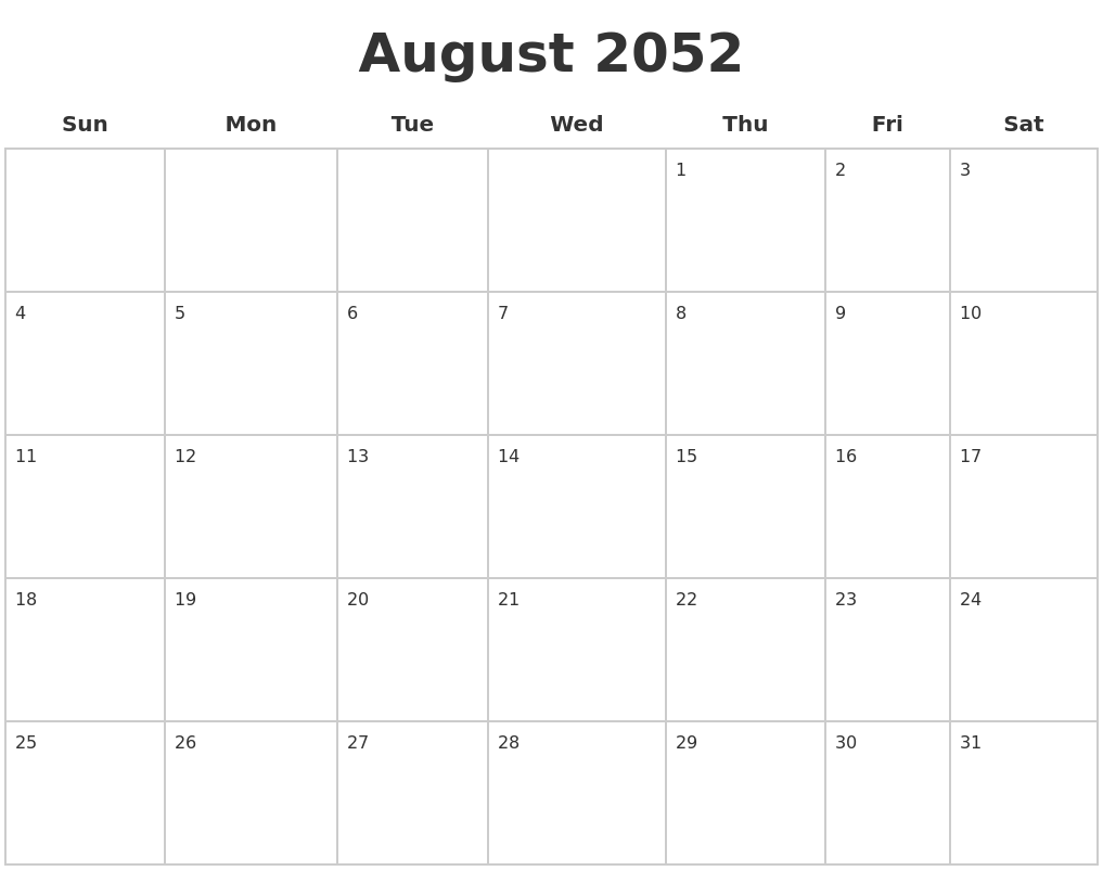 August 2052 Blank Calendar Pages