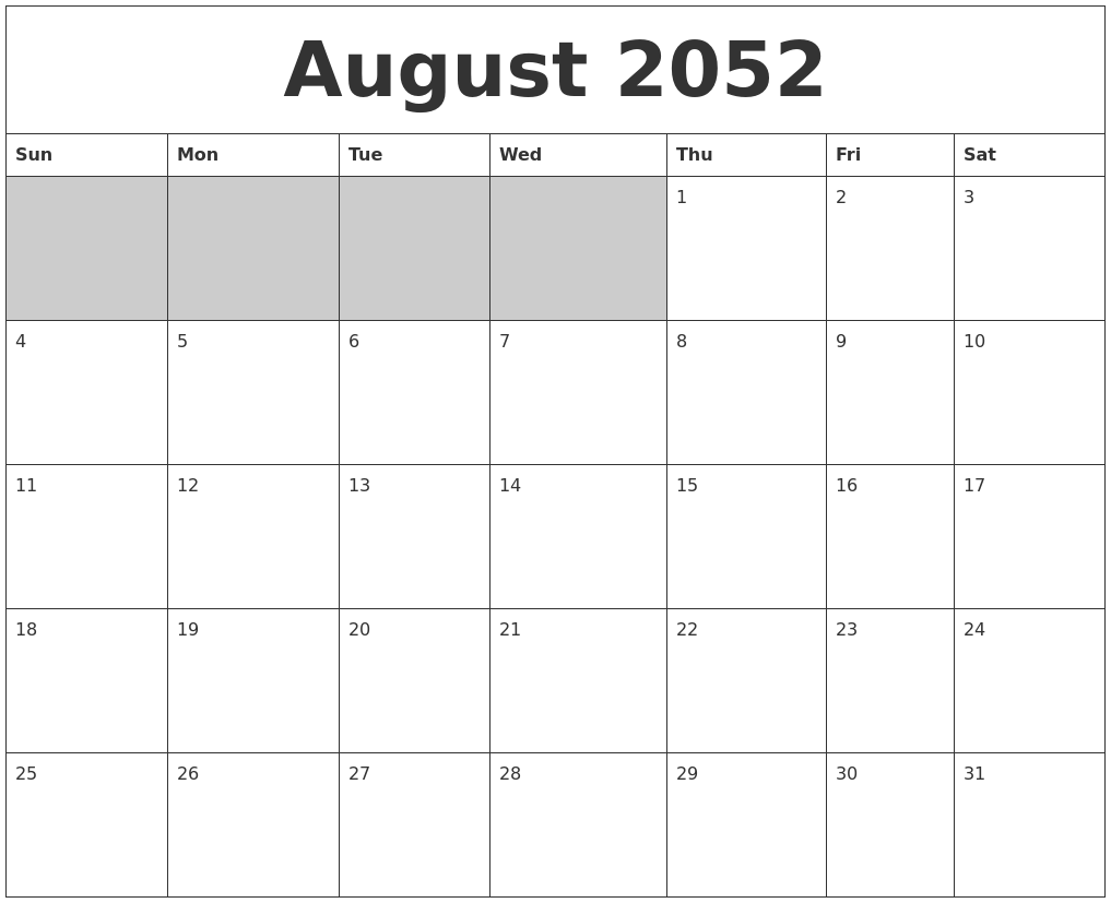 August 2052 Blank Printable Calendar