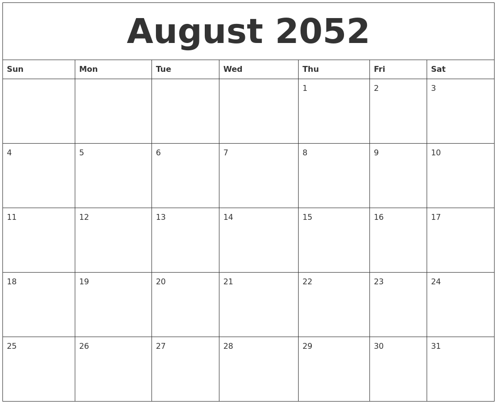 August 2052 Calendar For Printing