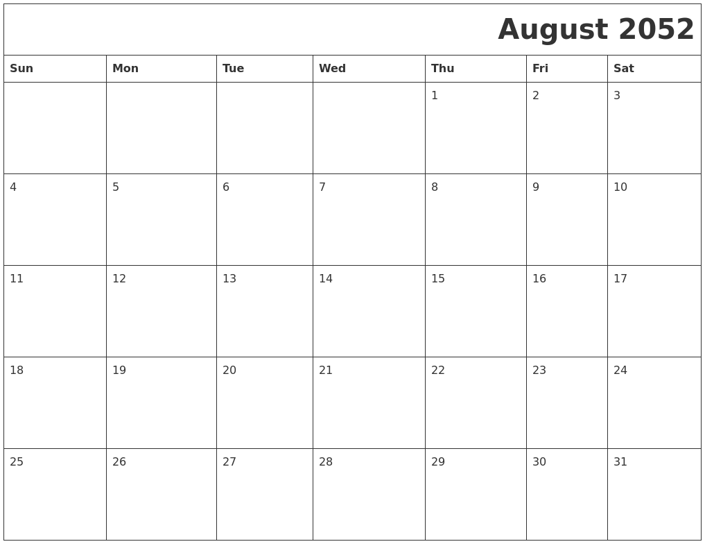 August 2052 Download Calendar