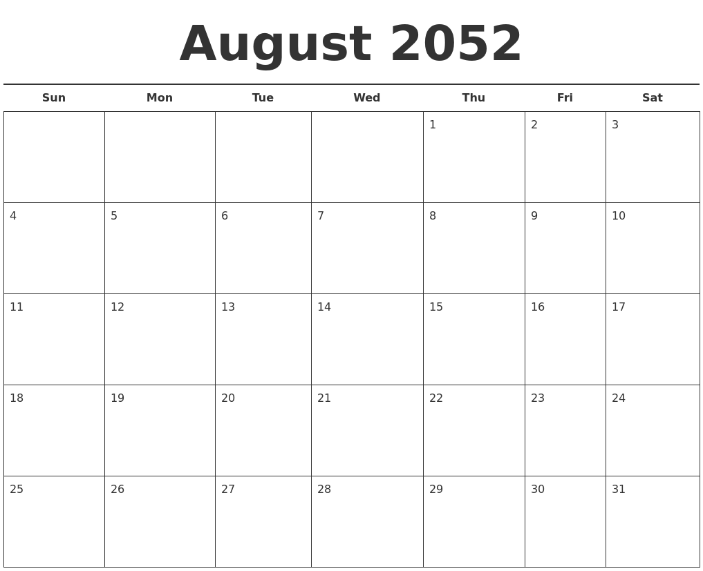 August 2052 Free Calendar Template