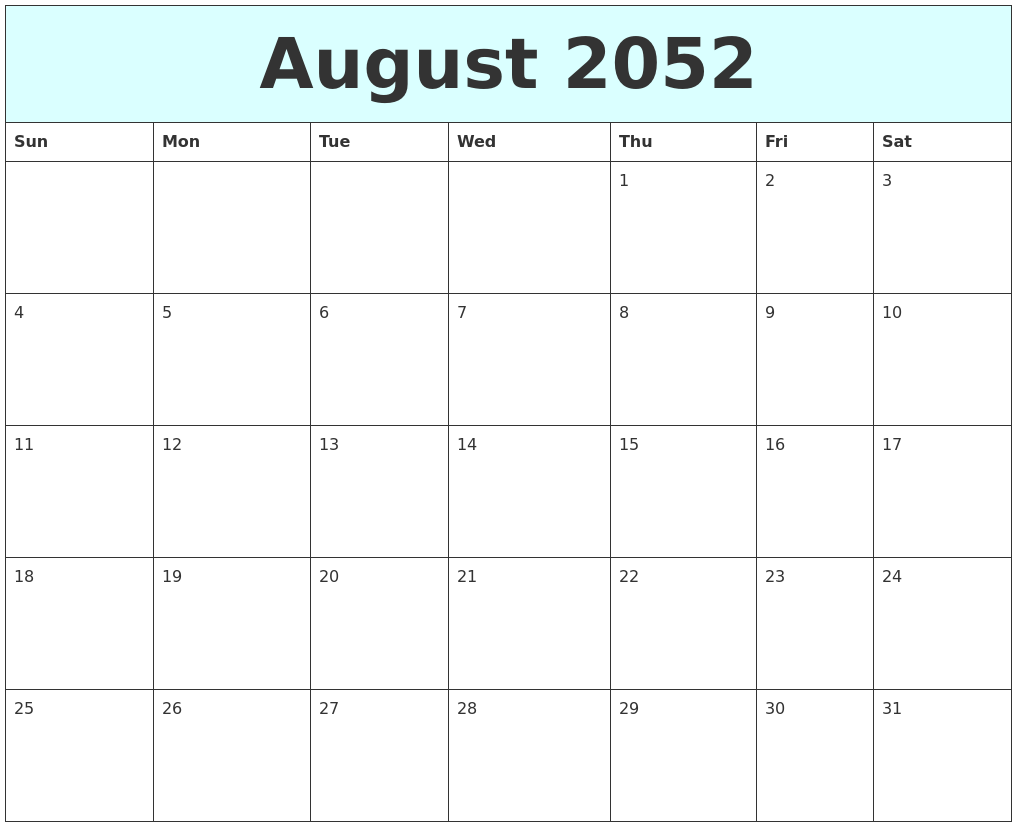 August 2052 Free Calendar
