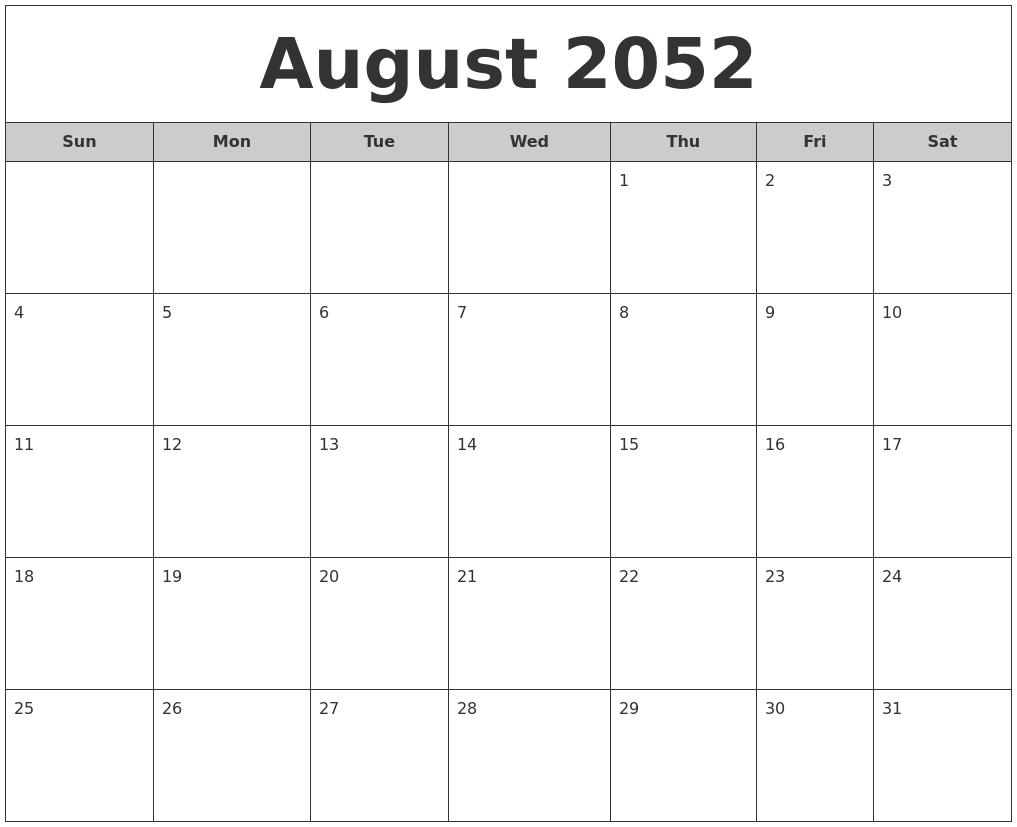 August 2052 Free Monthly Calendar