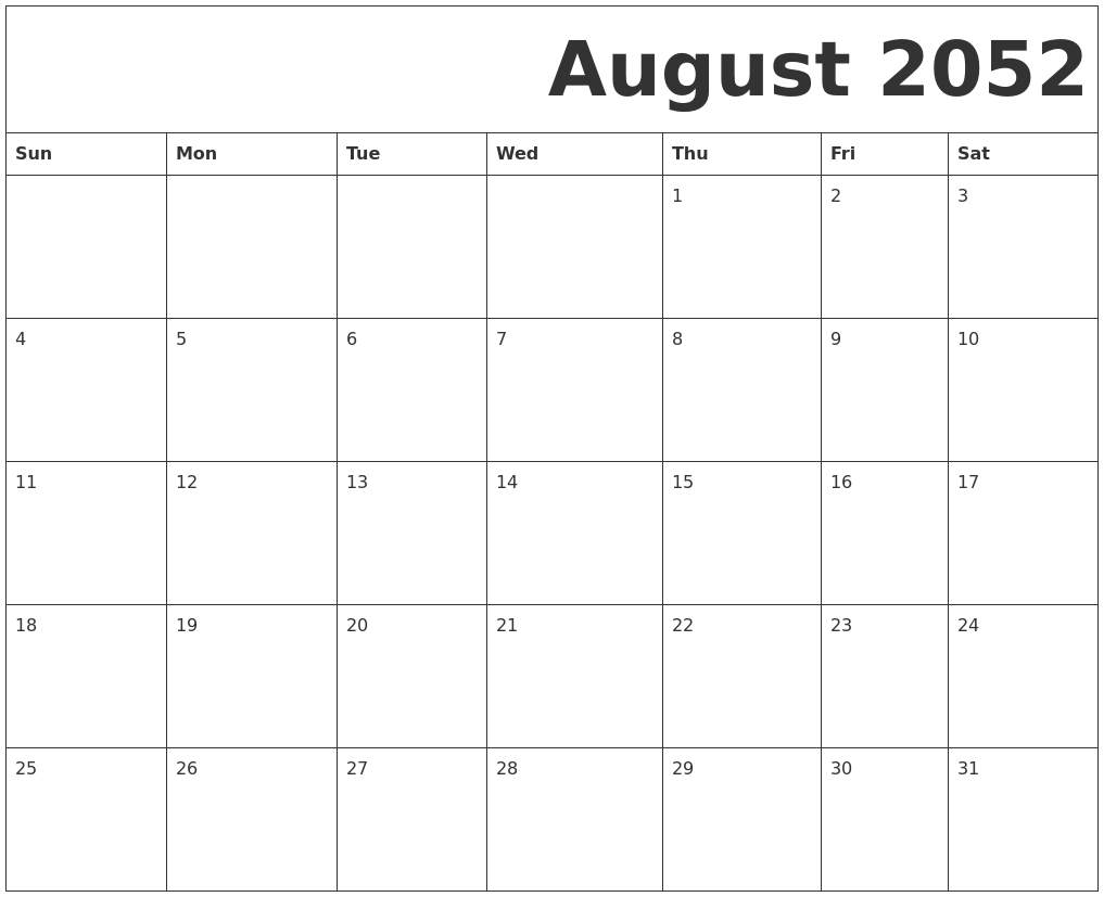August 2052 Free Printable Calendar