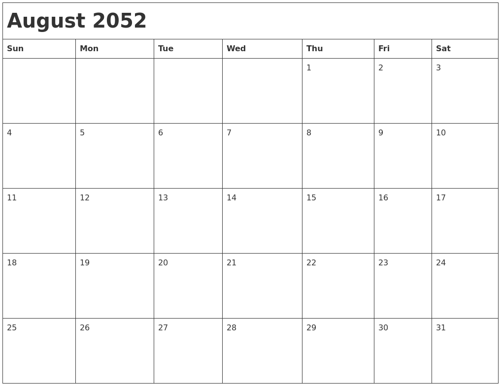 August 2052 Month Calendar