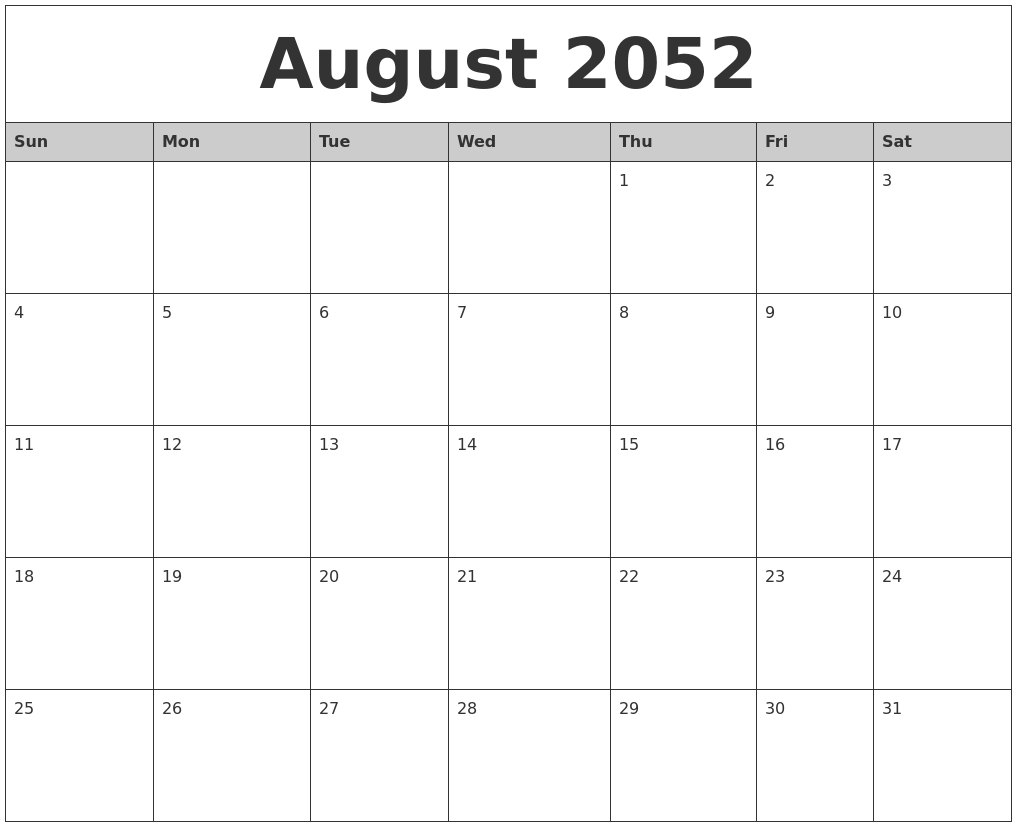 August 2052 Monthly Calendar Printable