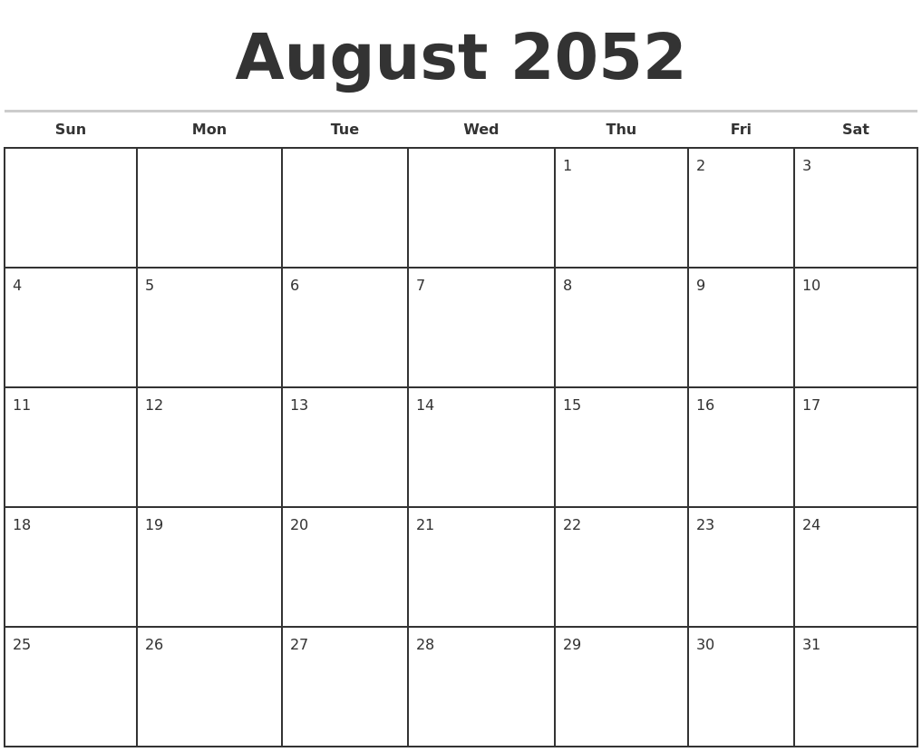 August 2052 Monthly Calendar Template