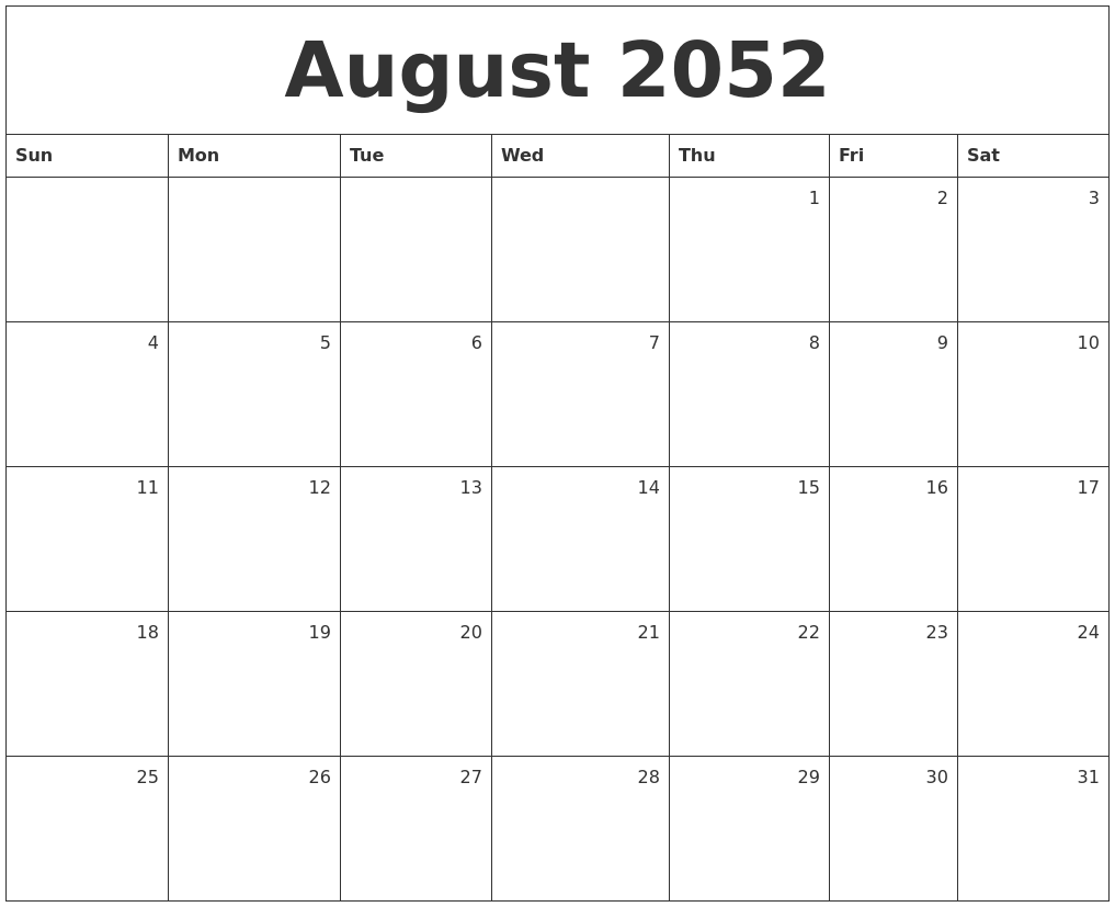 August 2052 Monthly Calendar