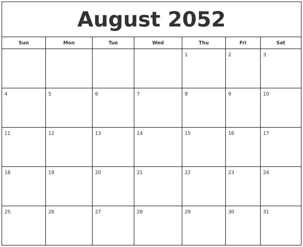 August 2052 Print Free Calendar