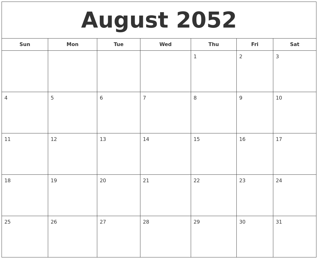 August 2052 Printable Calendar